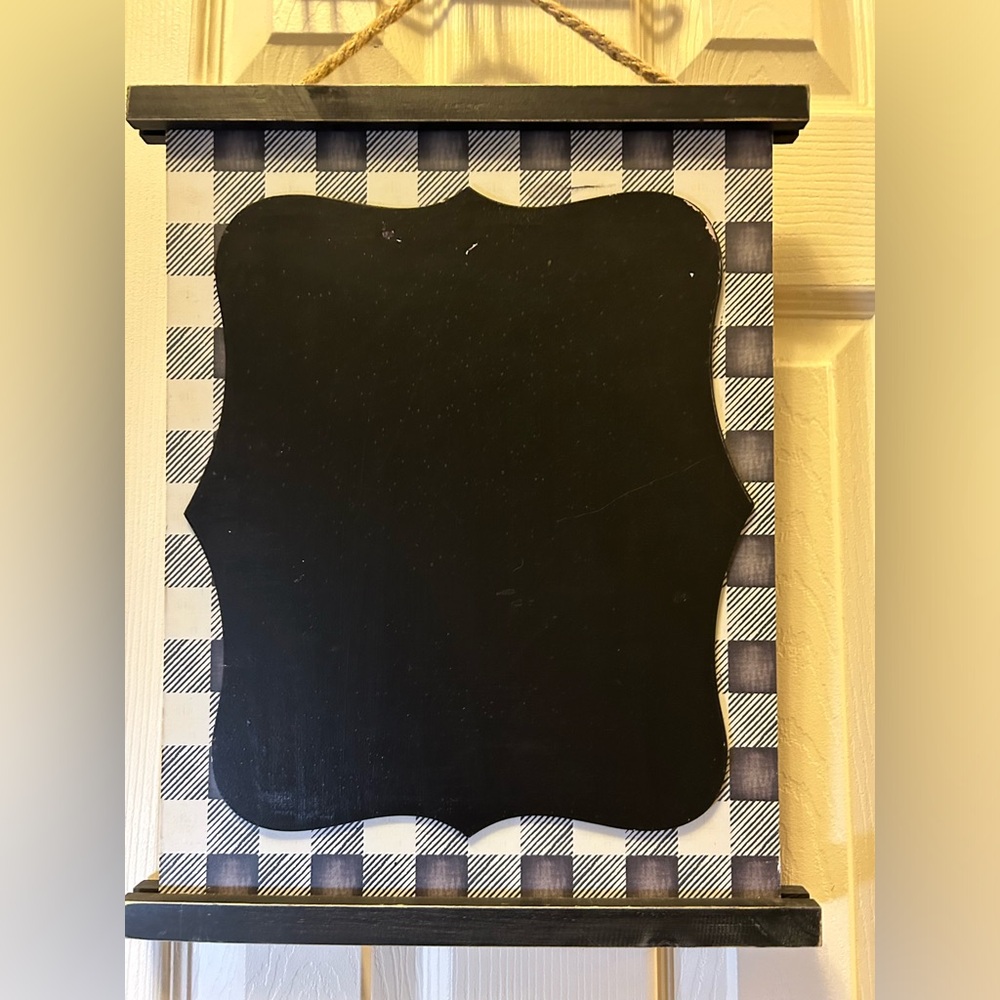 Hanging Chalkboard Message Sign Black & White Checkered Wooden Buffalo Plaid